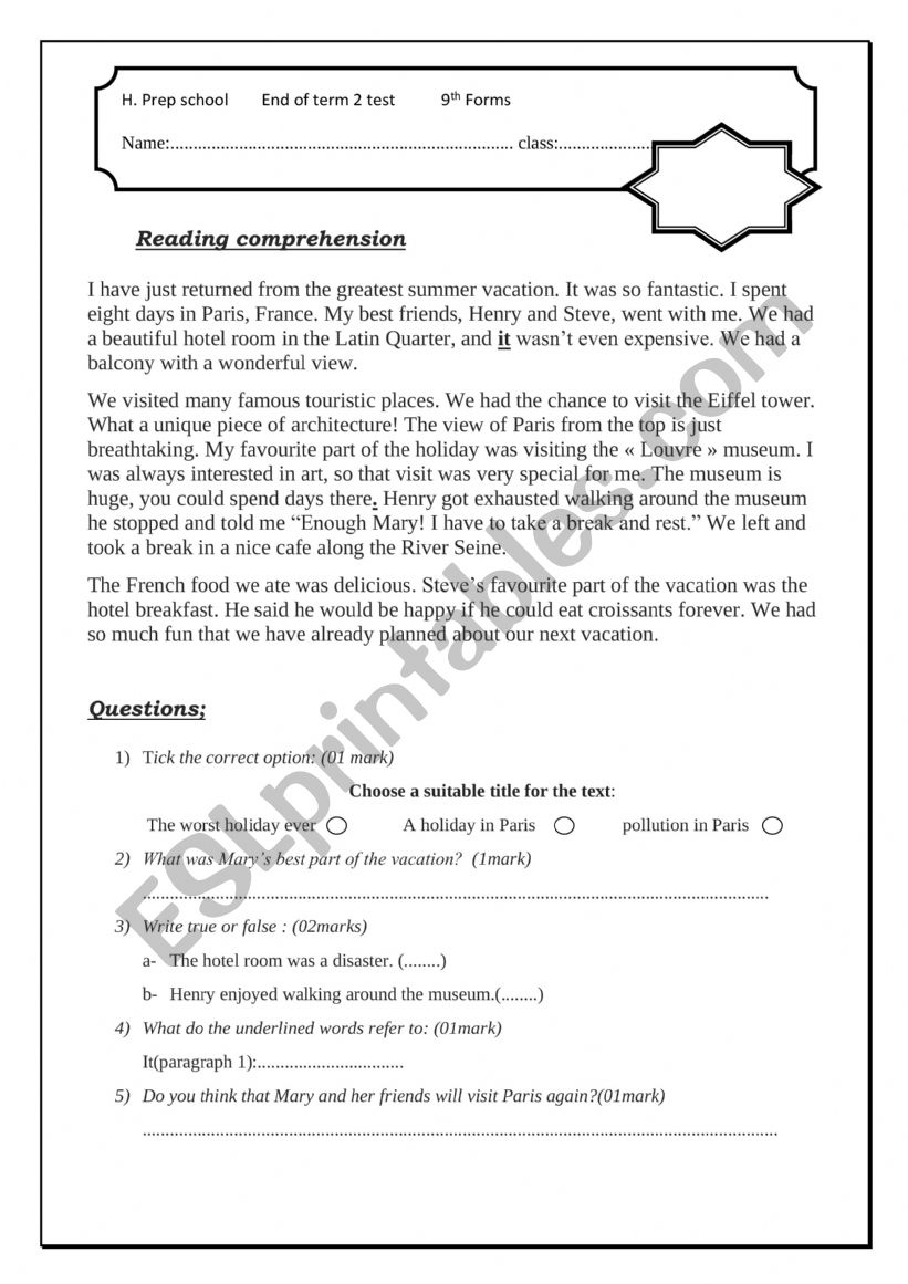 end term 2 test 9th form  worksheet
