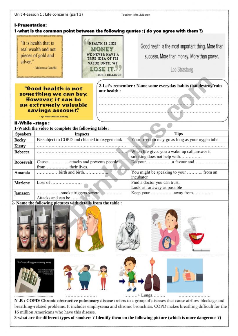 life concerns :smoking worksheet