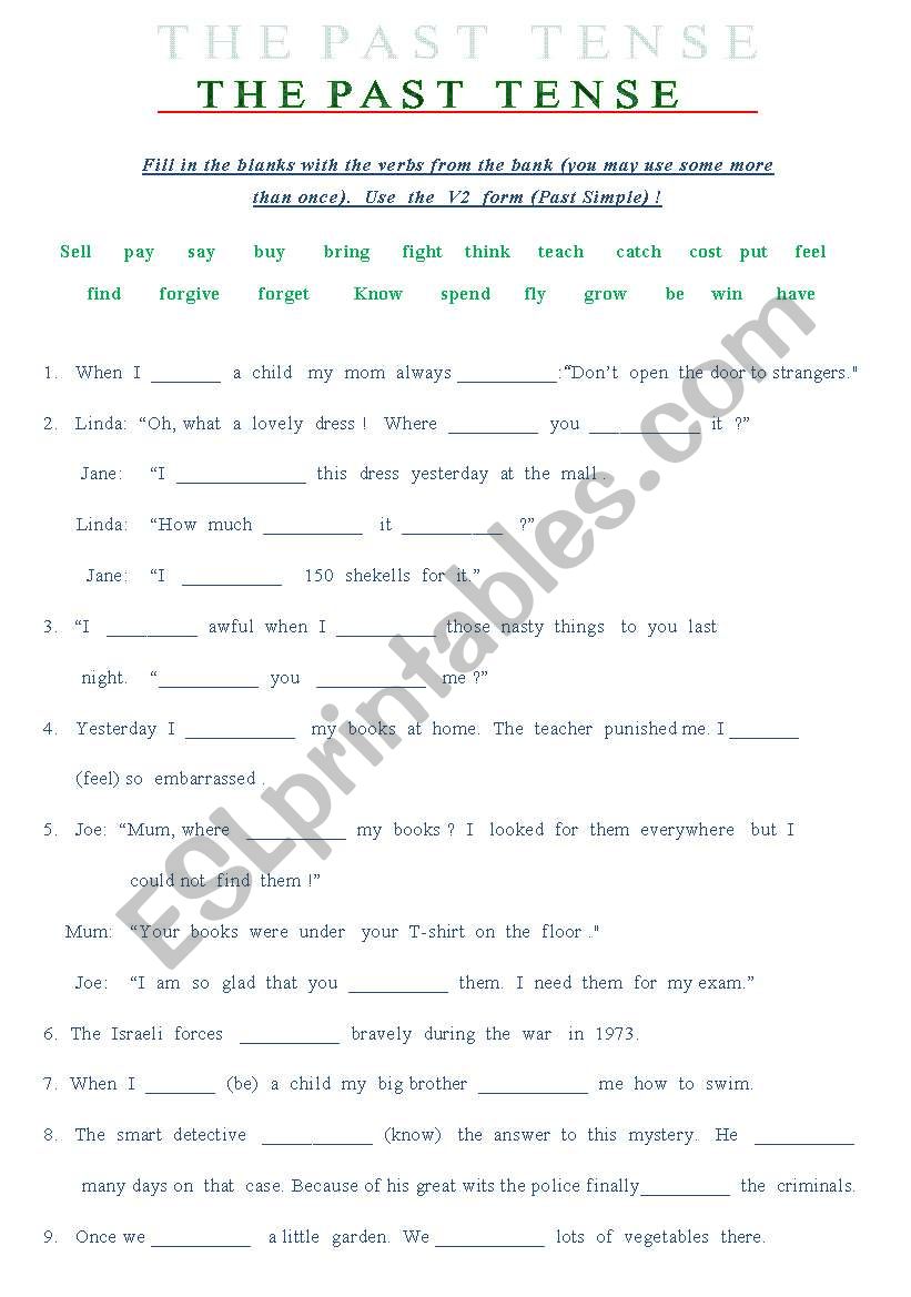 Past  Tense - Fill in Missing Verbs - intermediate