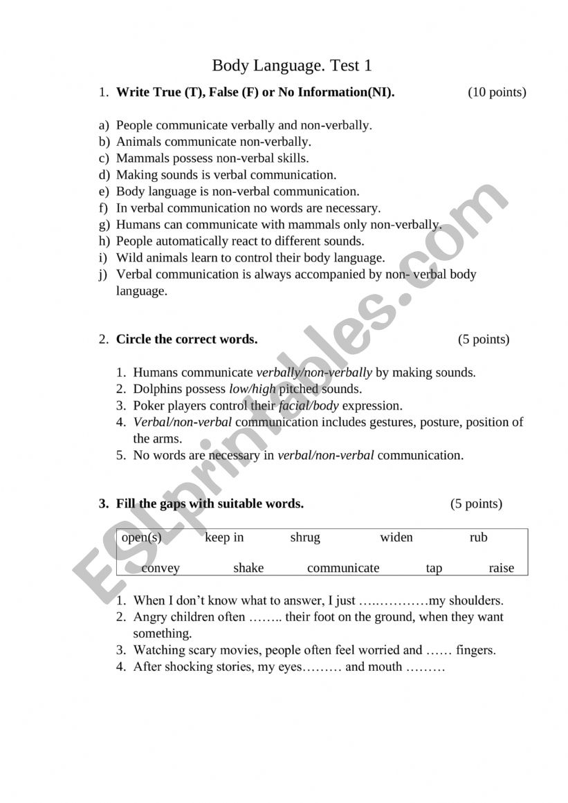 Body language  worksheet