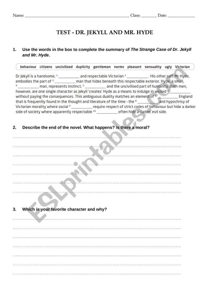 Dr Jekyll and Mr Hyde worksheet