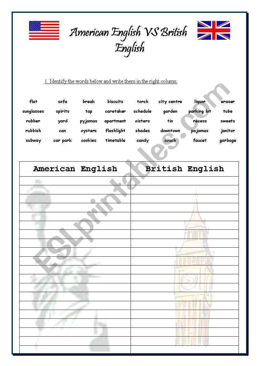 American and British English worksheet