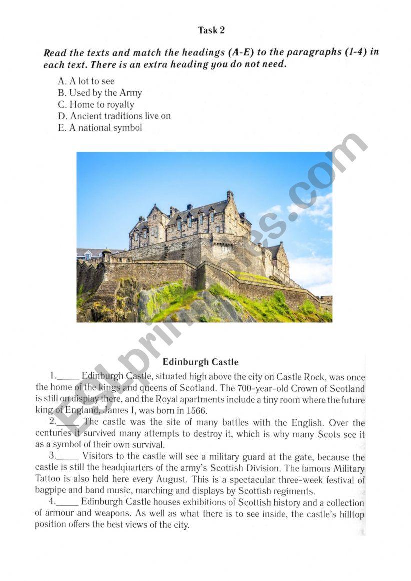 Reading - Edinburgh Castle worksheet