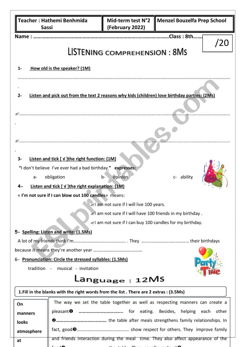 mid term test n2 for 8TH form worksheet