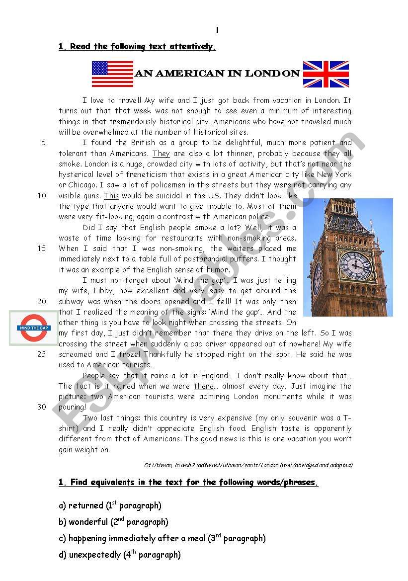 An American in London worksheet