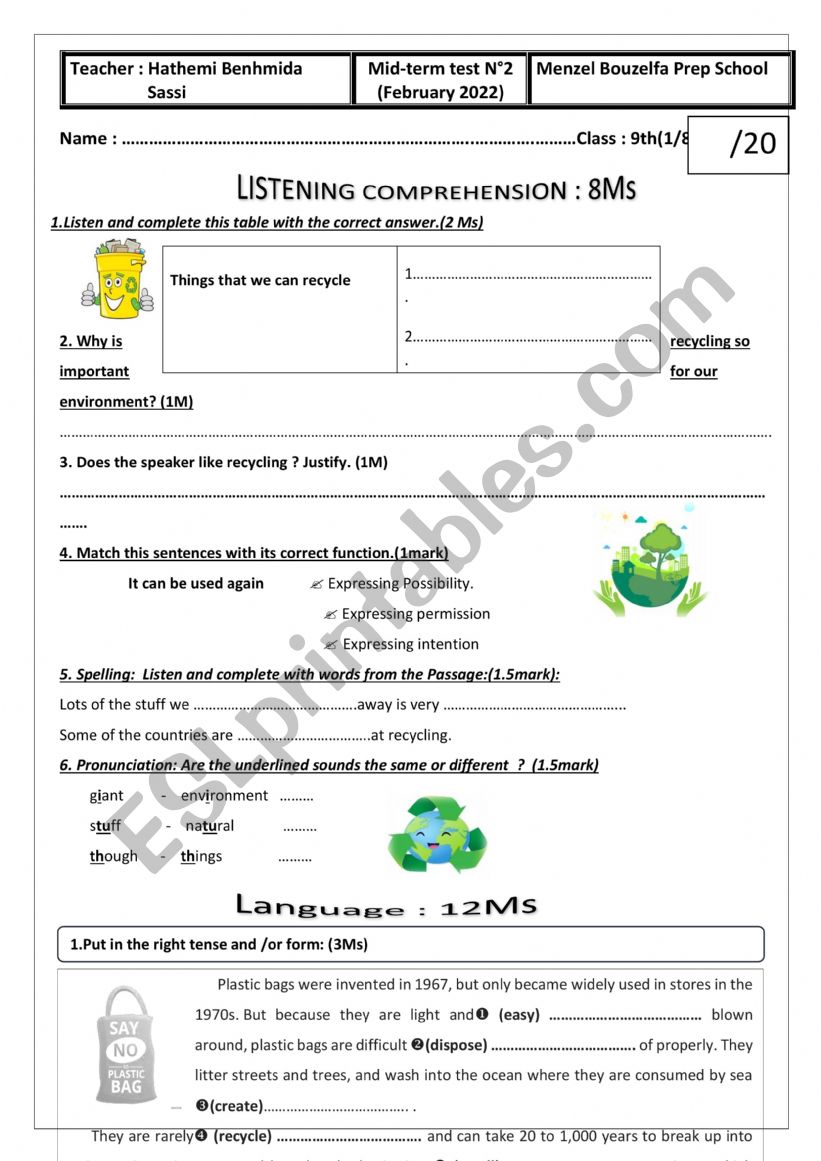 mid- term test2 9TH FORM worksheet