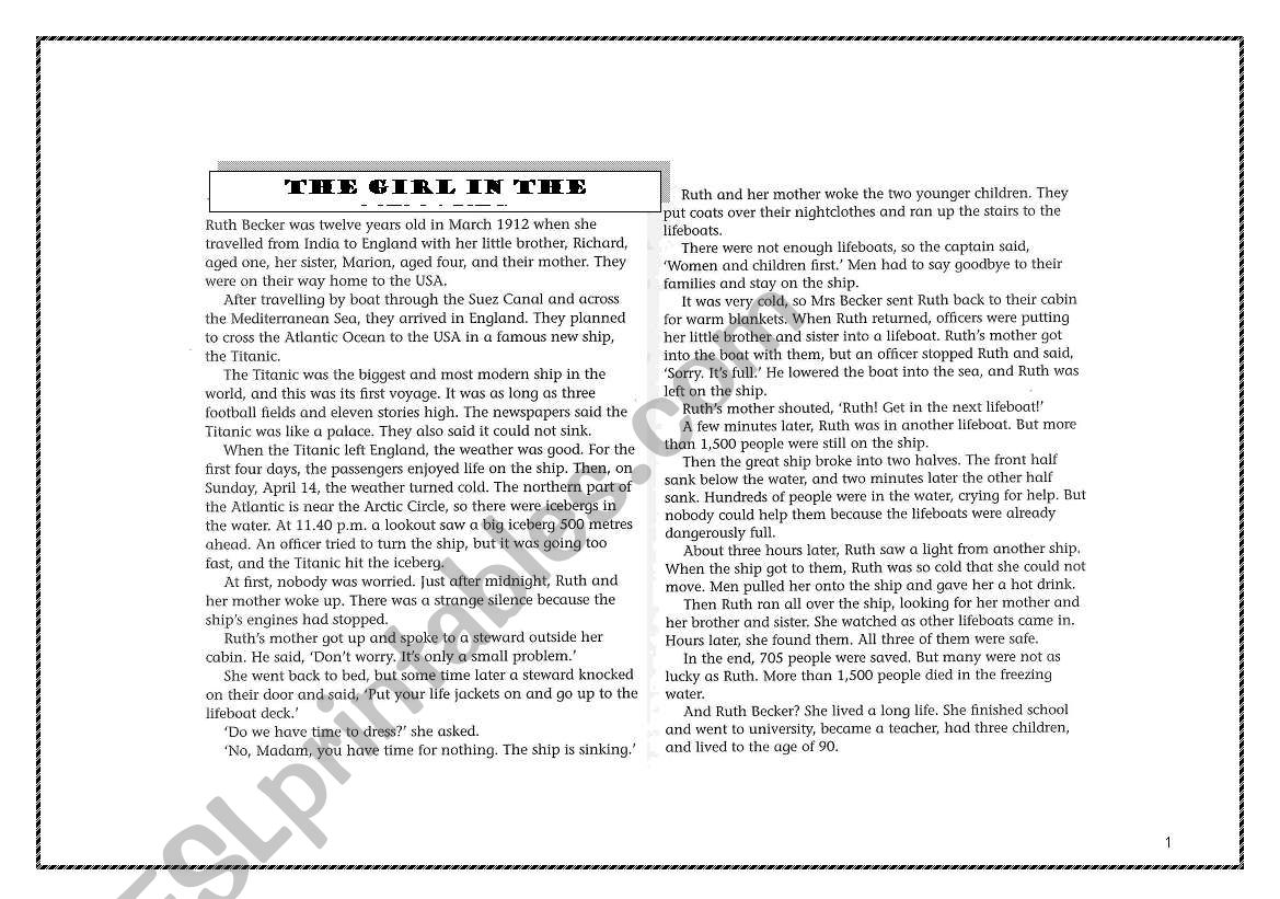 Girl in the Titanic 1st part worksheet