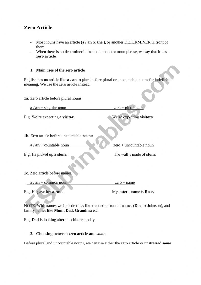 Zero Article worksheet
