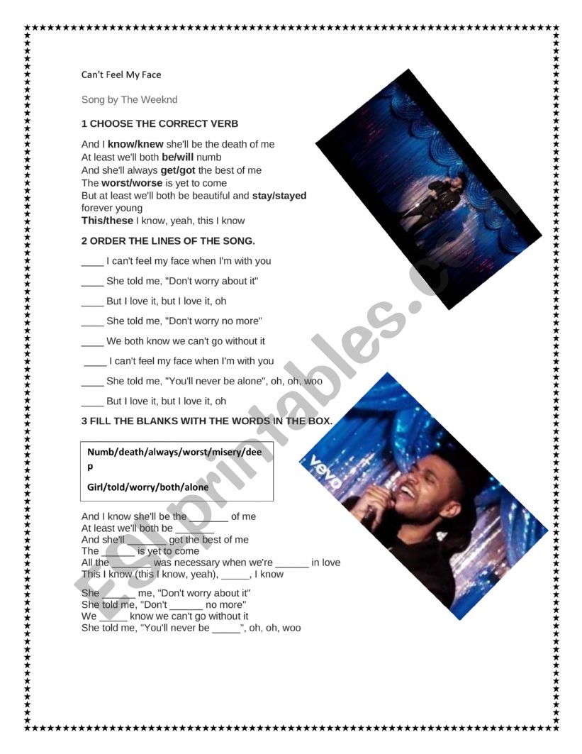 song Can�t feel my face worksheet