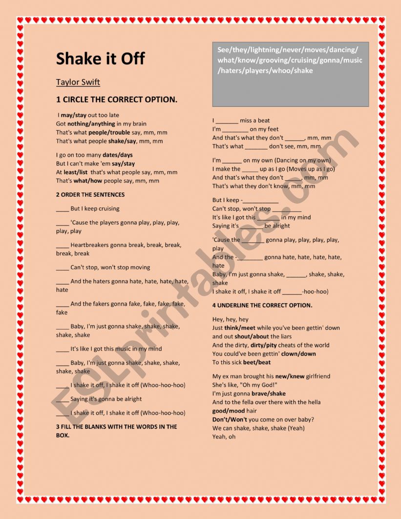 shake it off worksheet