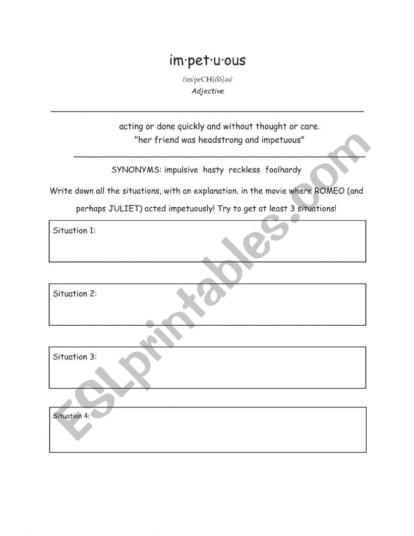 Impetuous--Romeo and Juliet worksheet