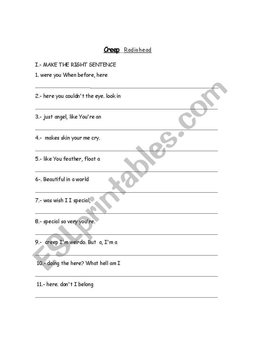 Creep (song) worksheet