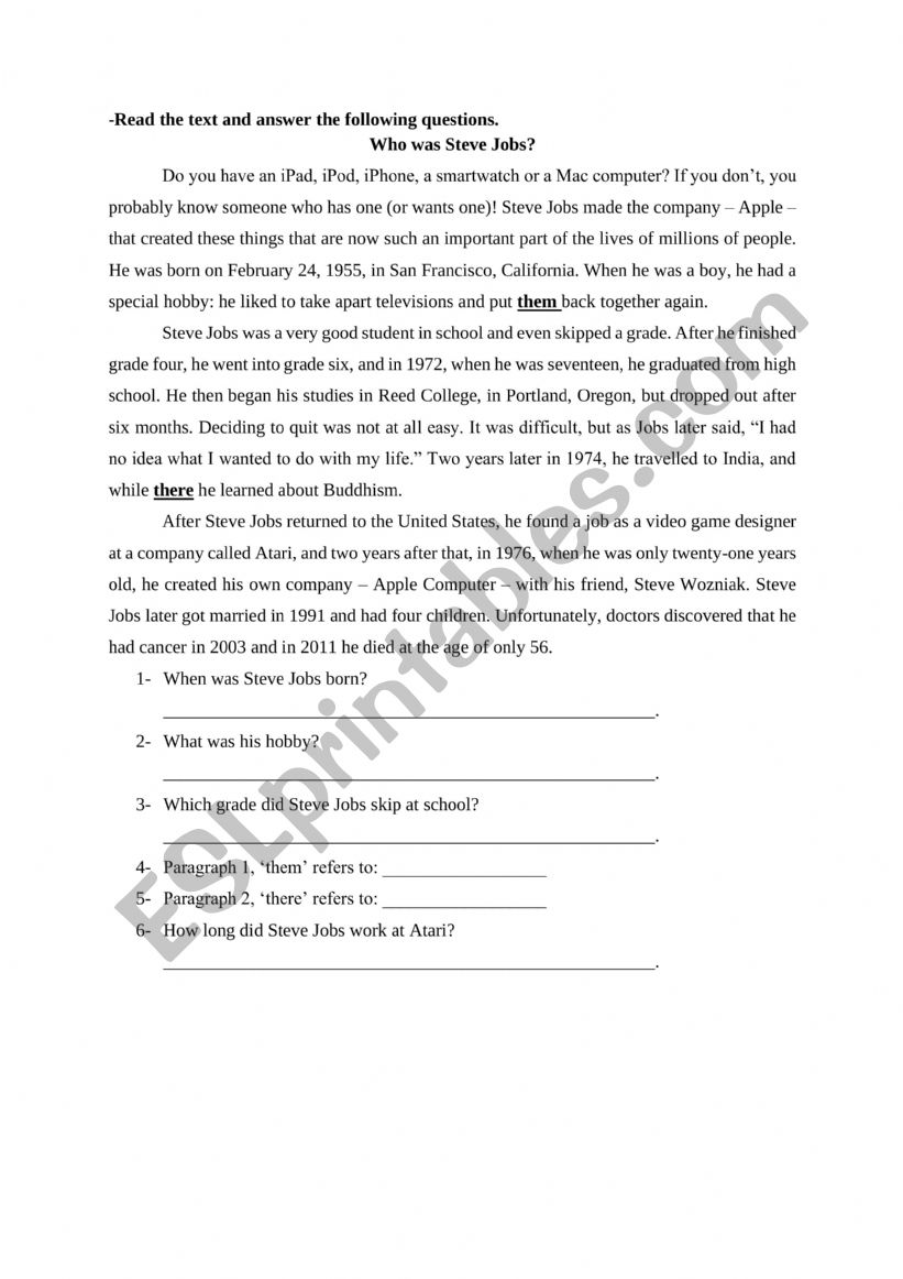 Steve Jobs worksheet