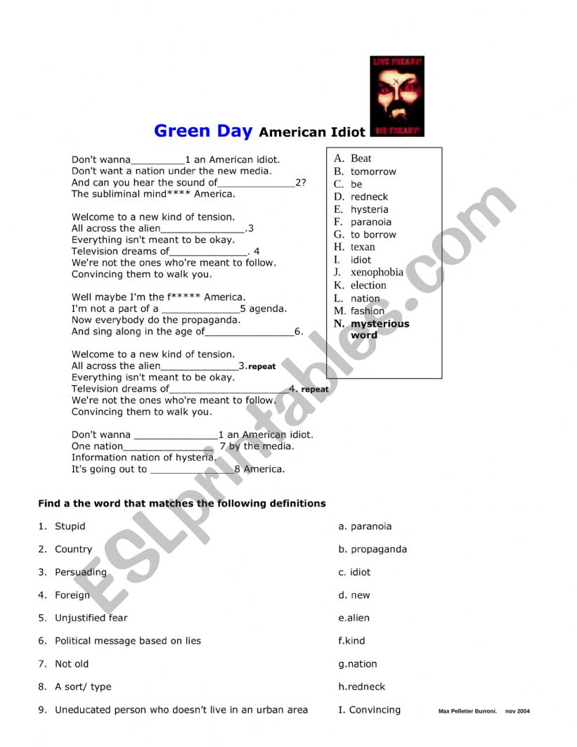 Green Day American Idiot worksheet
