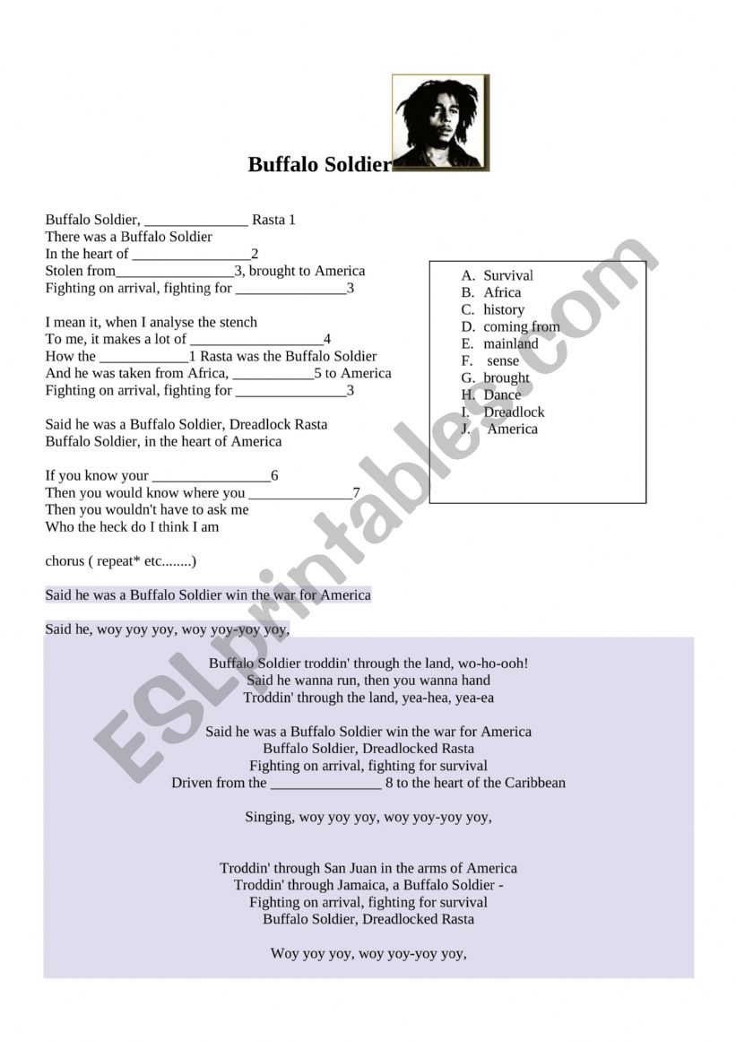 Bob Marley Buffalo soldier worksheet