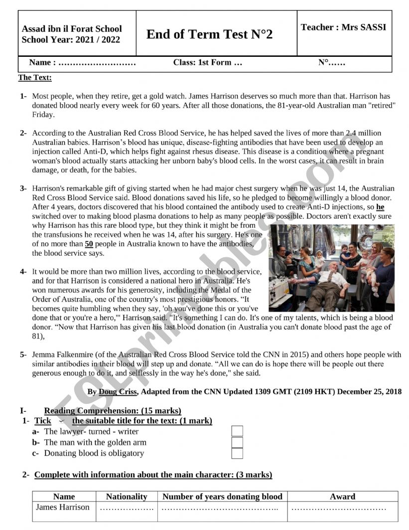 end of term test 2 1st form worksheet