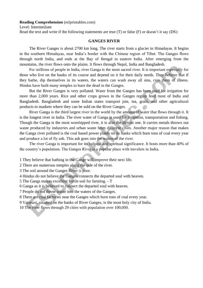 Ganges River Reading Comprehension + Exercise (True/False)