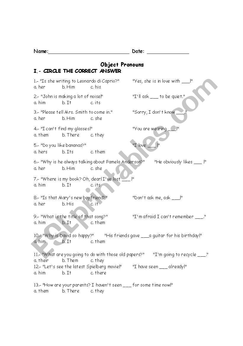 Object pronouns worksheet