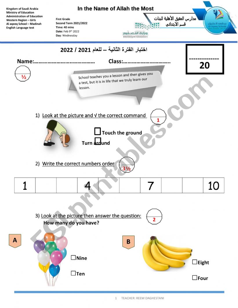 test toys and things worksheet