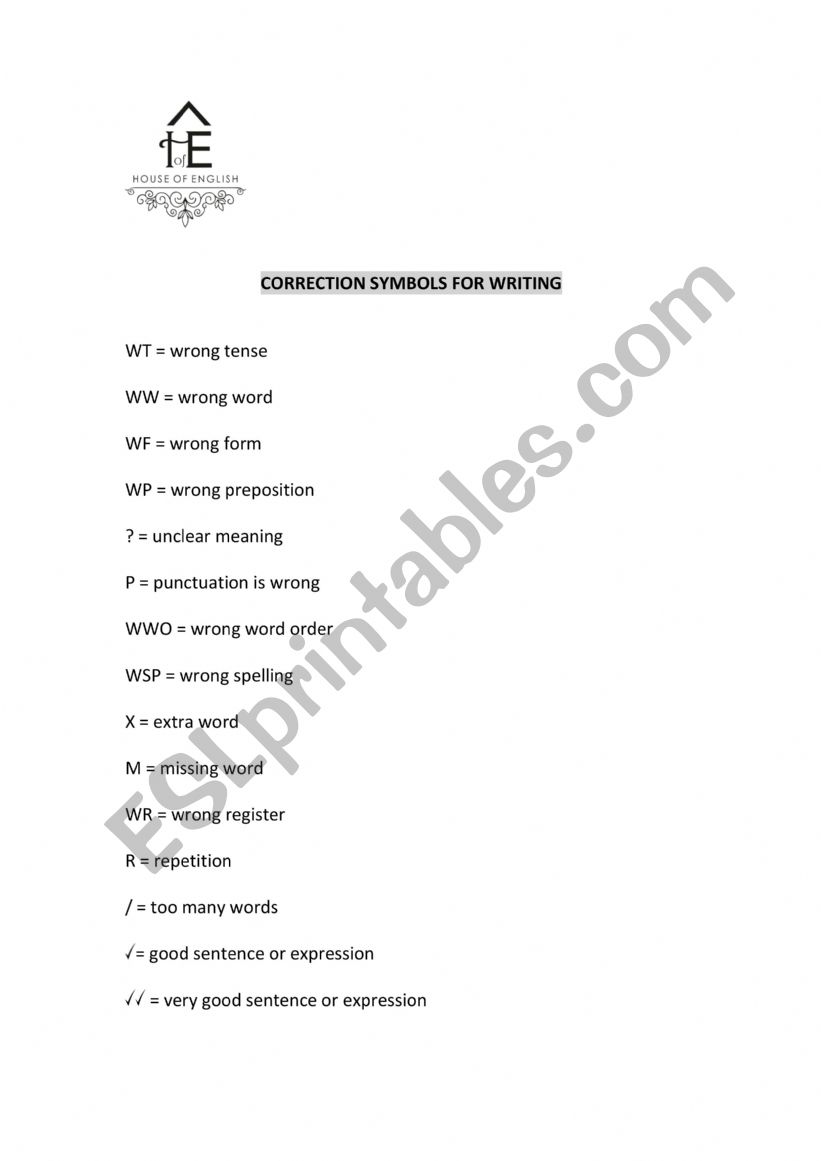 correction writing symbols worksheet