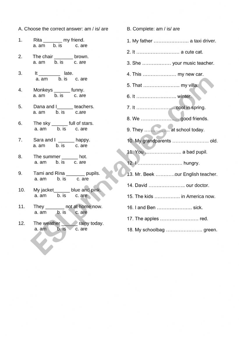 Be for juniors worksheet