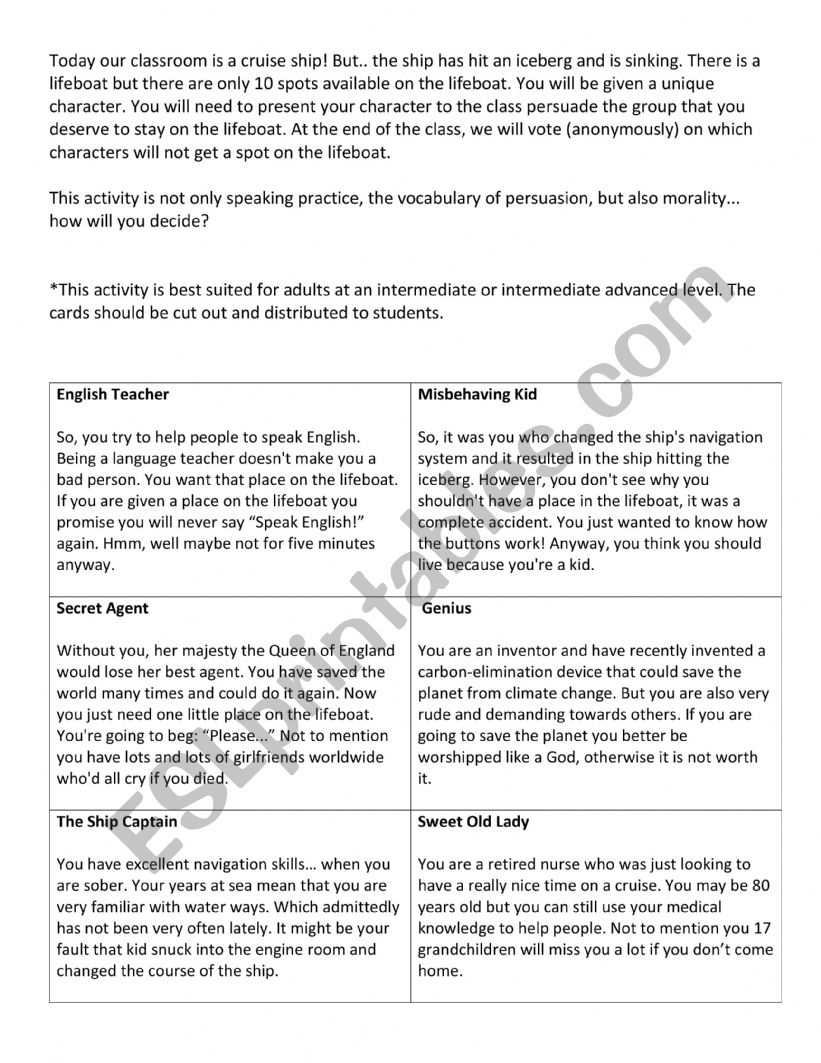 The Lifeboat Game worksheet