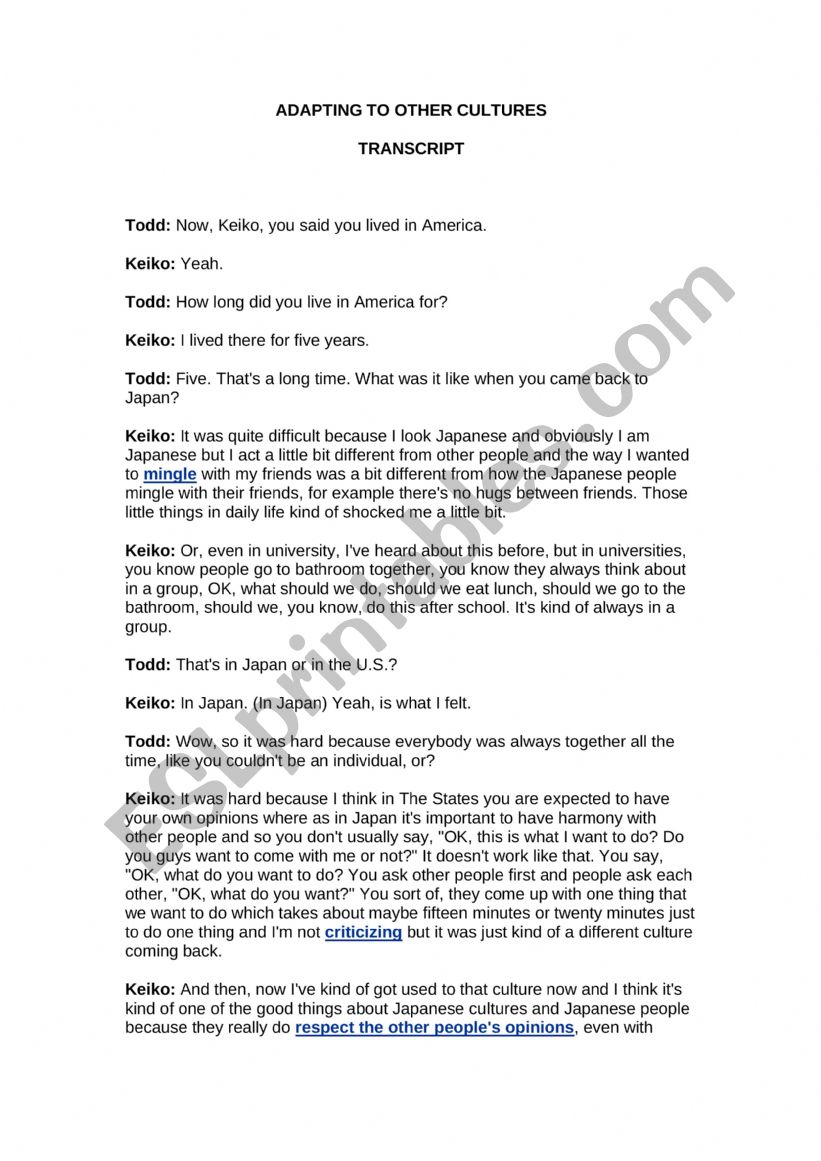 Cultural shock worksheet