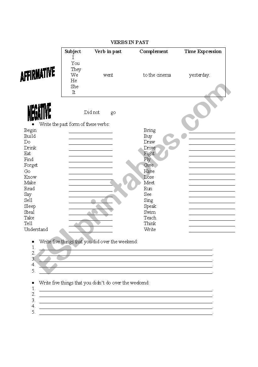 Introduction of simple past worksheet