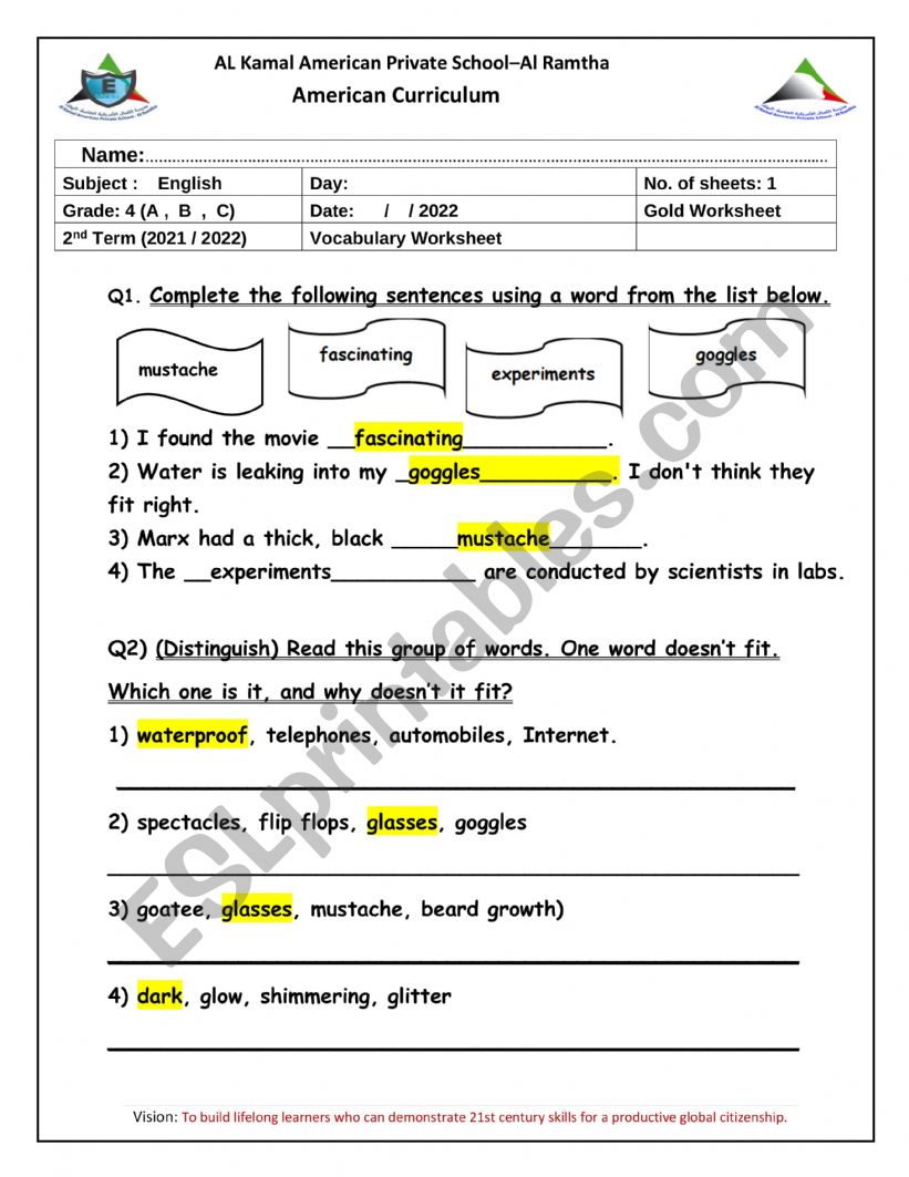 Vocabular worksheet worksheet