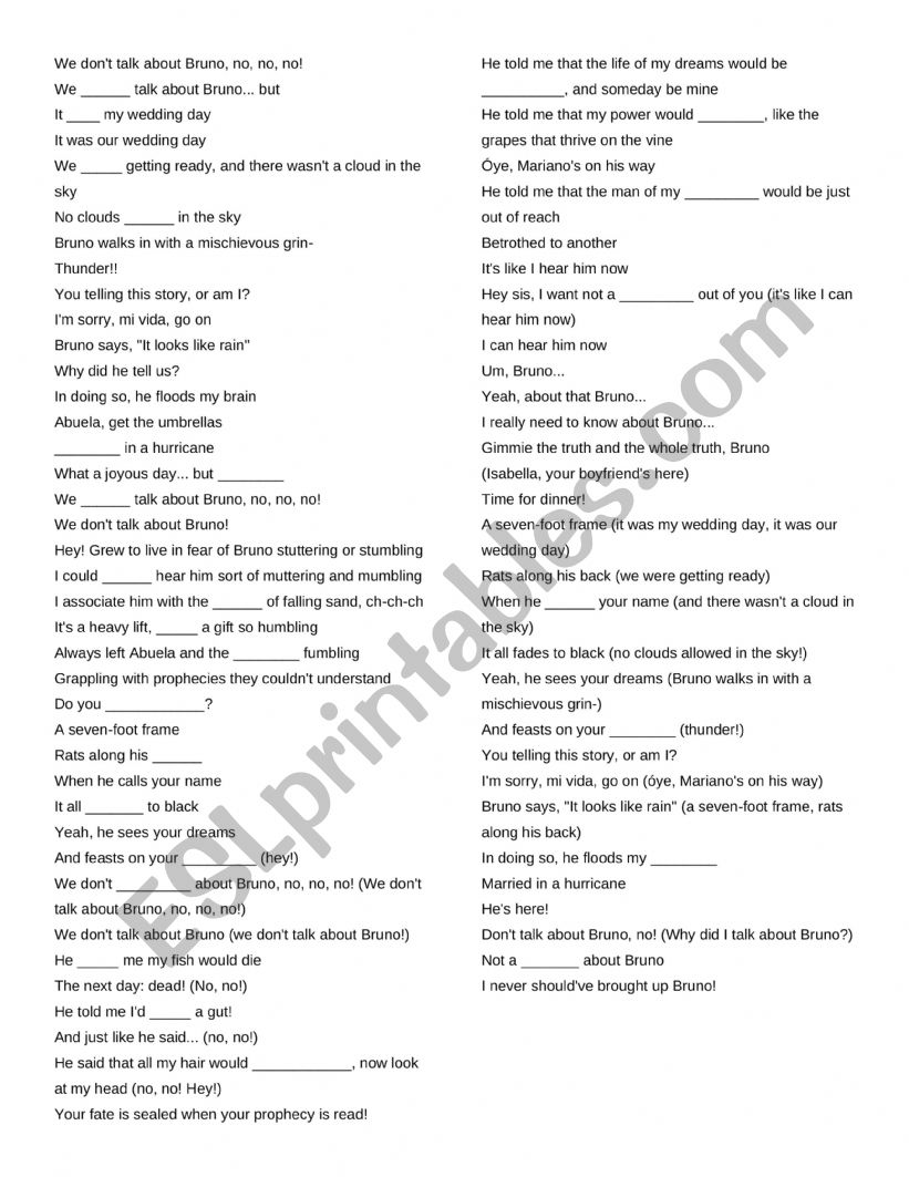 We Don�t talk about Bruno worksheet