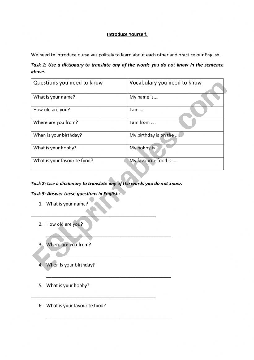 Introduce yourself worksheet