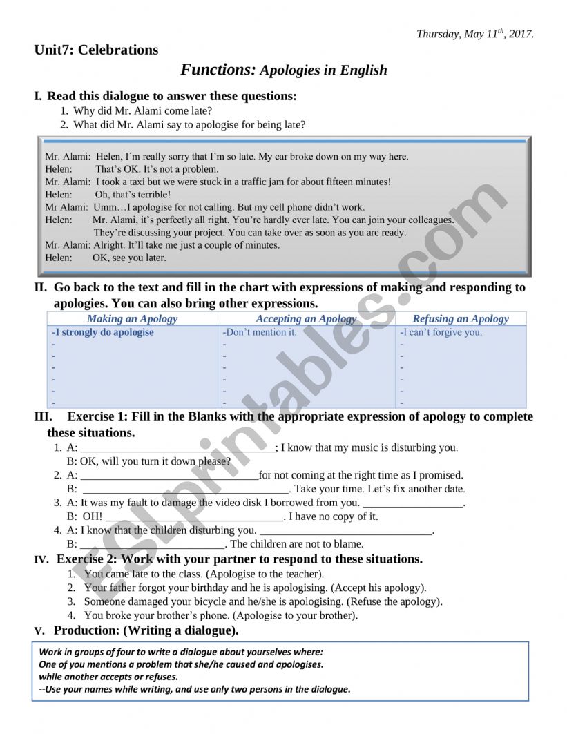 Apologizing worksheet worksheet