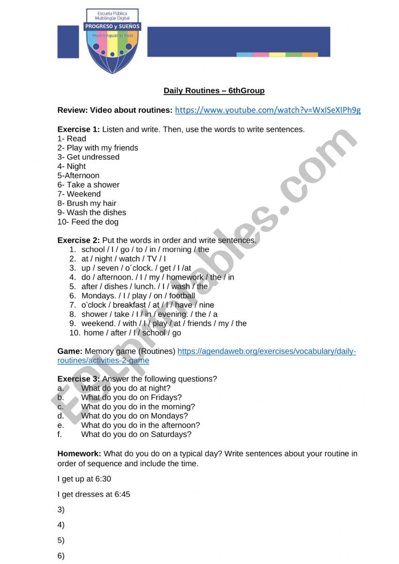 Daily Routines worksheet