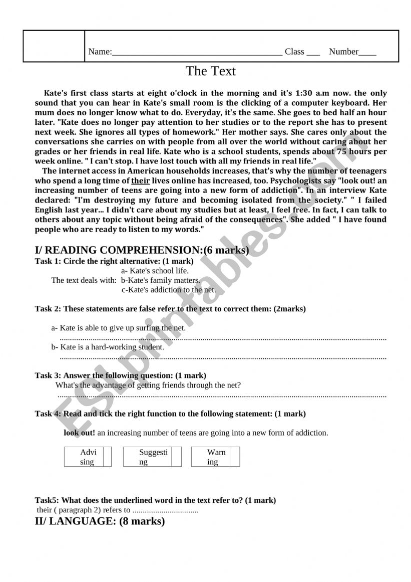 FULL TERM TEST N° 2 - ESL worksheet by blueberry123