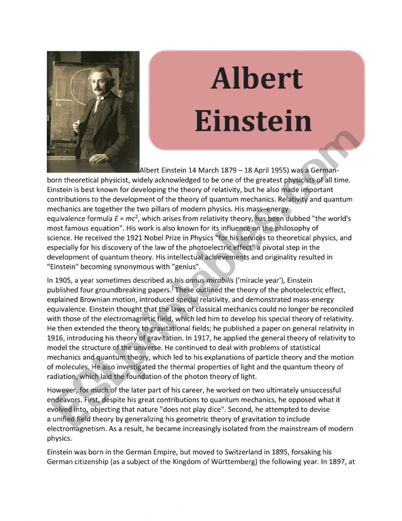 Albert Einstein  worksheet