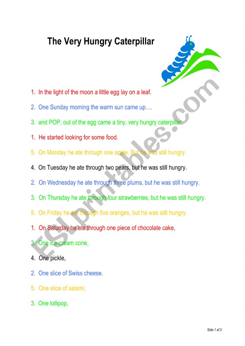 The very hungry caterpillar - reading by colour