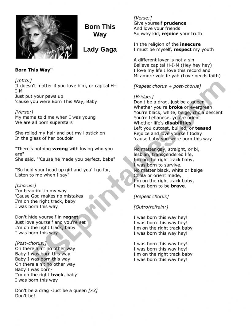 Lady Gaga worksheet