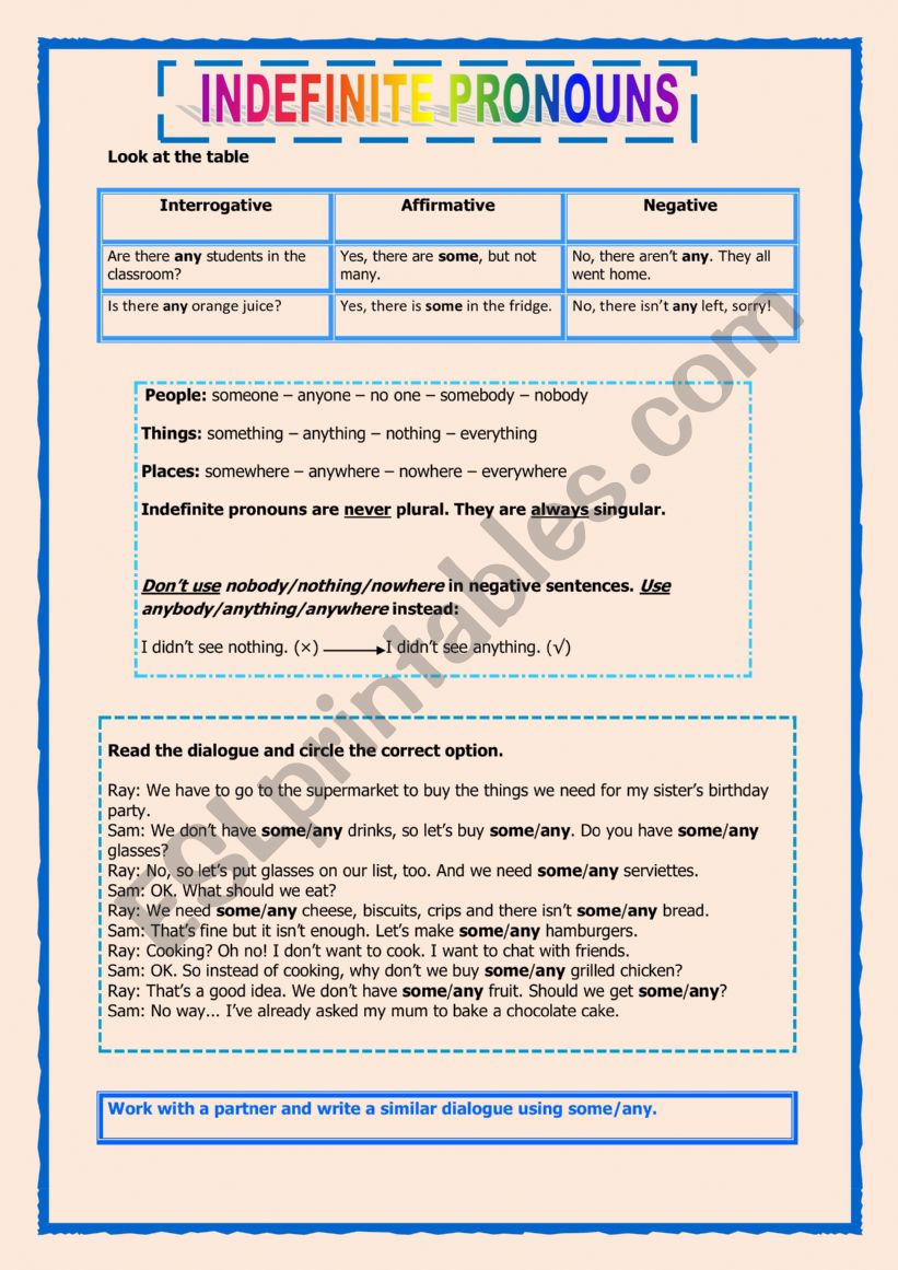 Indefinite Pronouns worksheet