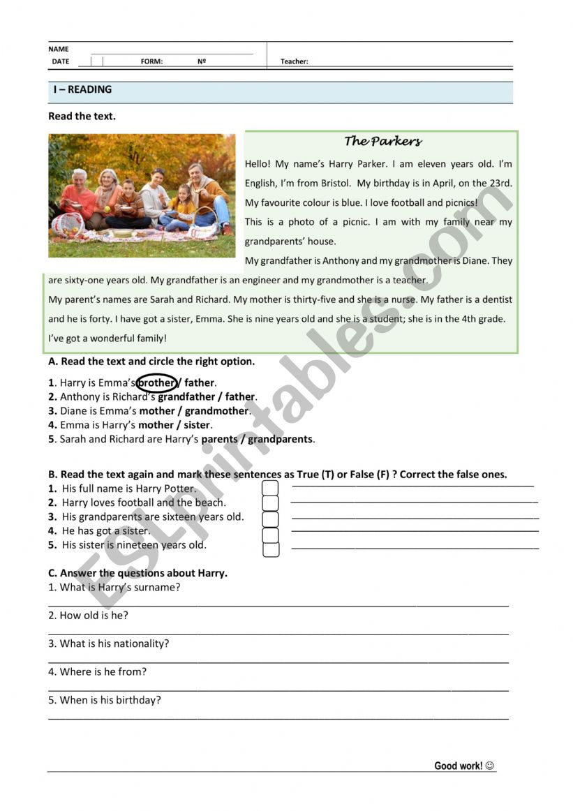 Reading comprehension-family worksheet