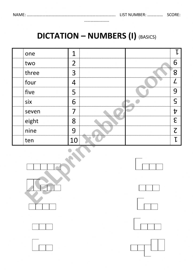 Word Shapes Dictation Worksheet (NUMBERS I)