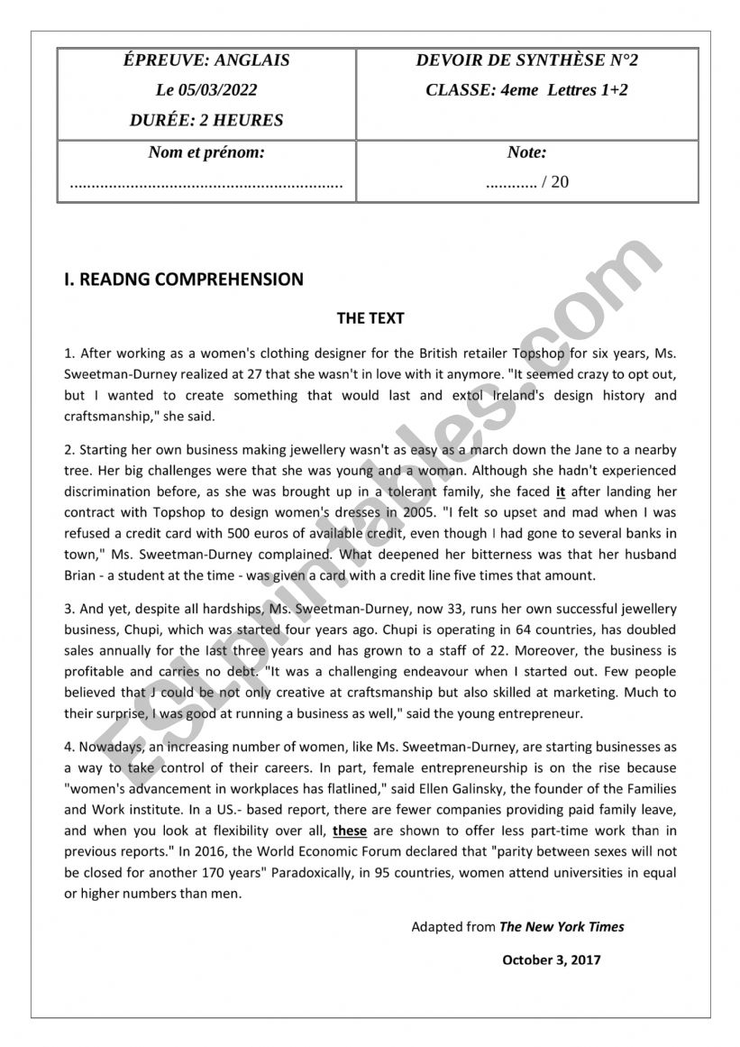 Full-term test 2 4th Arts worksheet