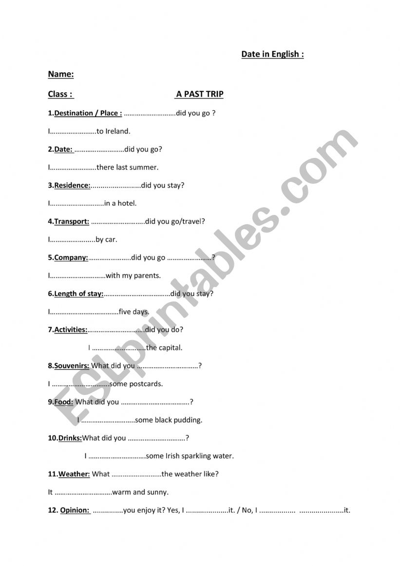 A past trip worksheet