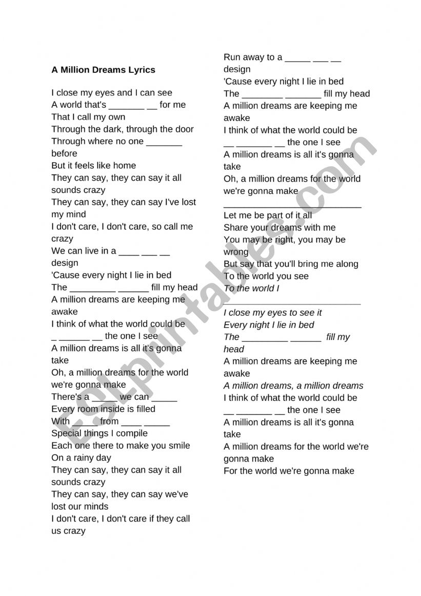 A Million Dreams worksheet