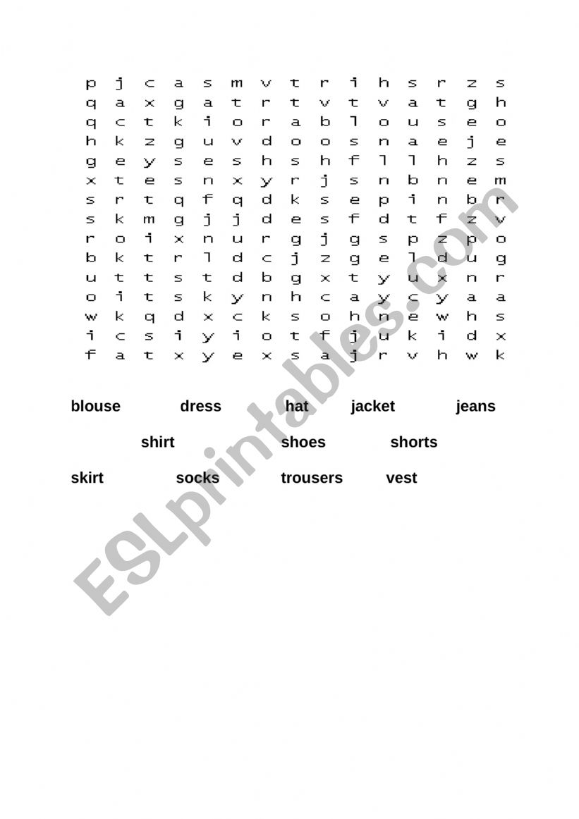 Clothing word search worksheet