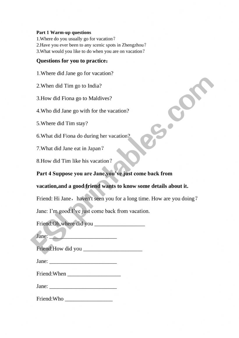your last vacation worksheet