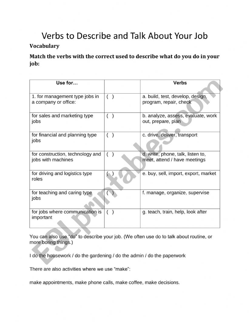 Verbs to Describe and Talk About Your Job  
