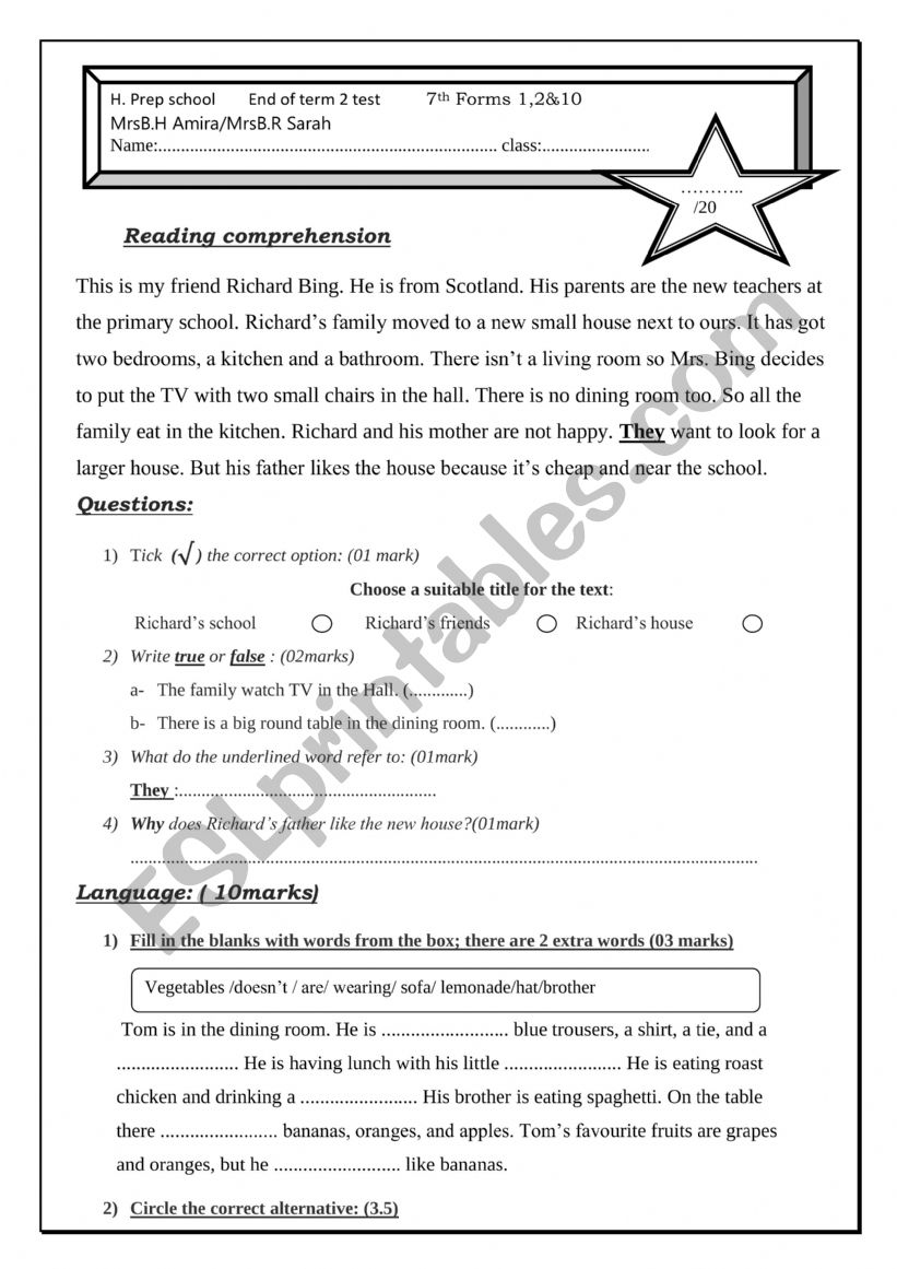 end term 2 test 7th forms worksheet