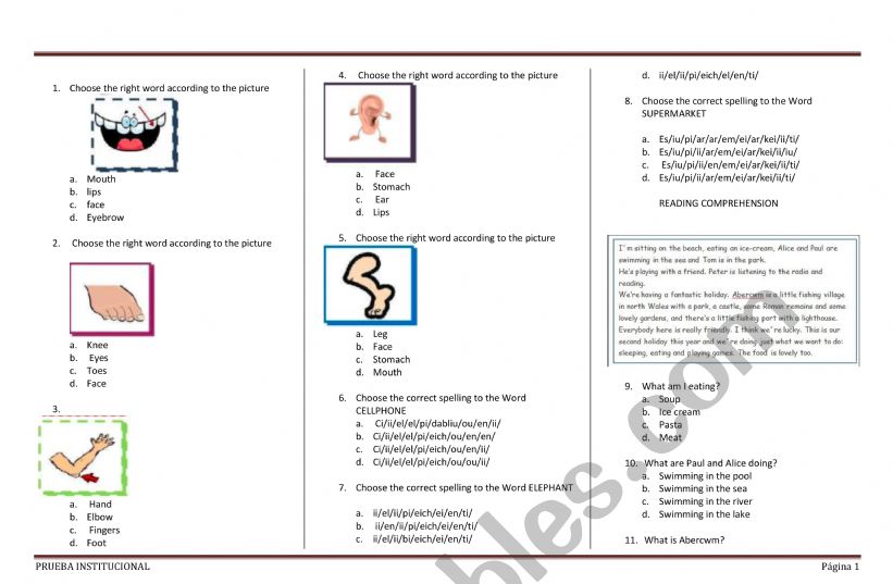 body parts multiple choice  worksheet