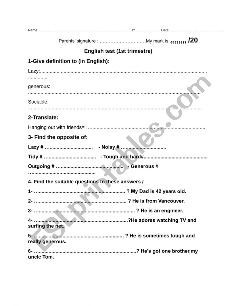 personality adjectives  worksheet