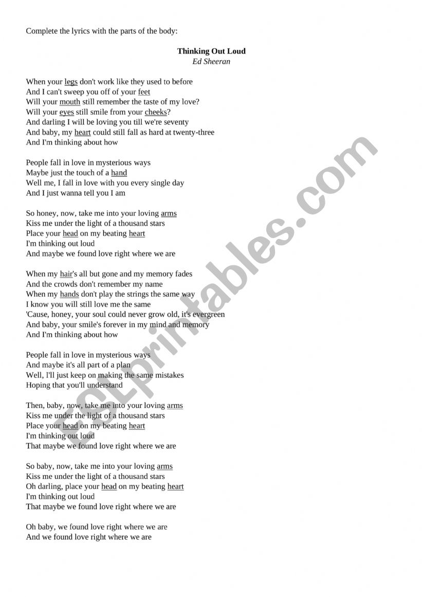 Parts Of The Body With Ed Sheerani S Thinking Out Loud Song Worksheet Esl Worksheet By Isa Abe Parts Of The Body With Ed Sheerani S Thinking Out Loud Song Worksheet Esl Worksheet By Isa Abe